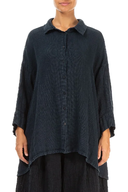 Elegant Attire For The Modern Lady Loose Midnight Blue Textured Linen Shirt